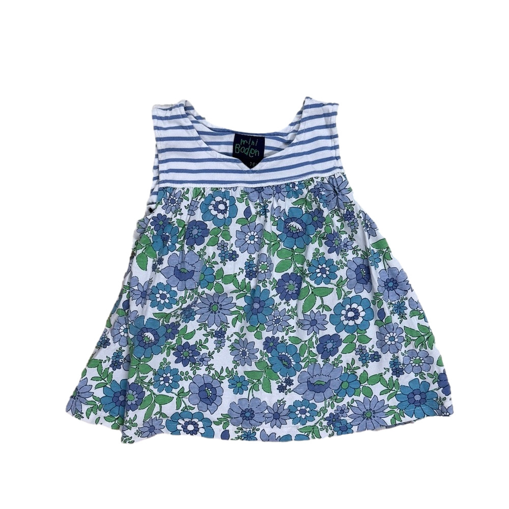 Mini Boden Blue and Green Floral Striped Tunic Tank Top Girls Size 7/8